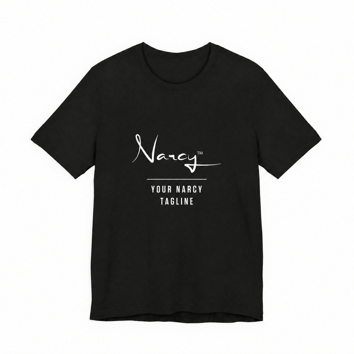 Narcy Custom Tagline Tee — Midnight Black, no-tag logo personalization layout