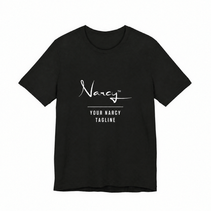 Narcy Custom Tagline Tee — Midnight Black, no-tag logo personalization layout