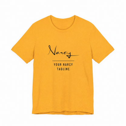 Narcy Custom Tagline Tee — Canary Yellow, no-tag logo personalization layout