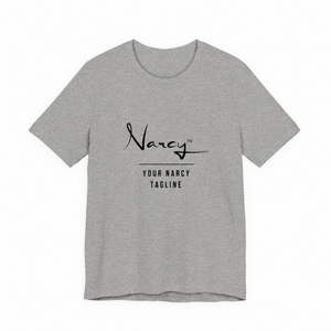Narcy Custom Tagline Tee — Buckeye Gray, no-tag logo personalization layout