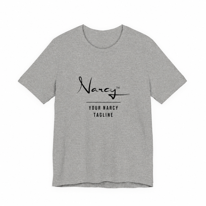 Narcy Custom Tagline Tee — Buckeye Gray, no-tag logo personalization layout