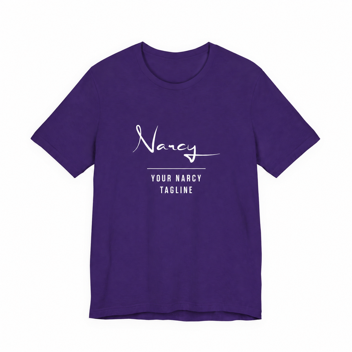 Narcy Custom Tagline Tee — Purple Haze, no-tag logo personalization layout
