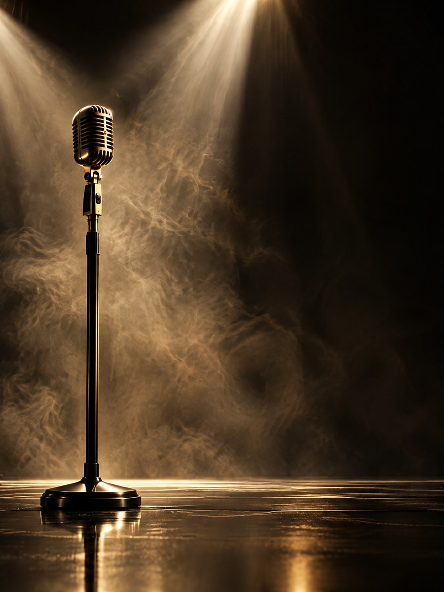 Gold-lit vintage microphone on a black stage; an original Narcy Entertainment launch visual concept