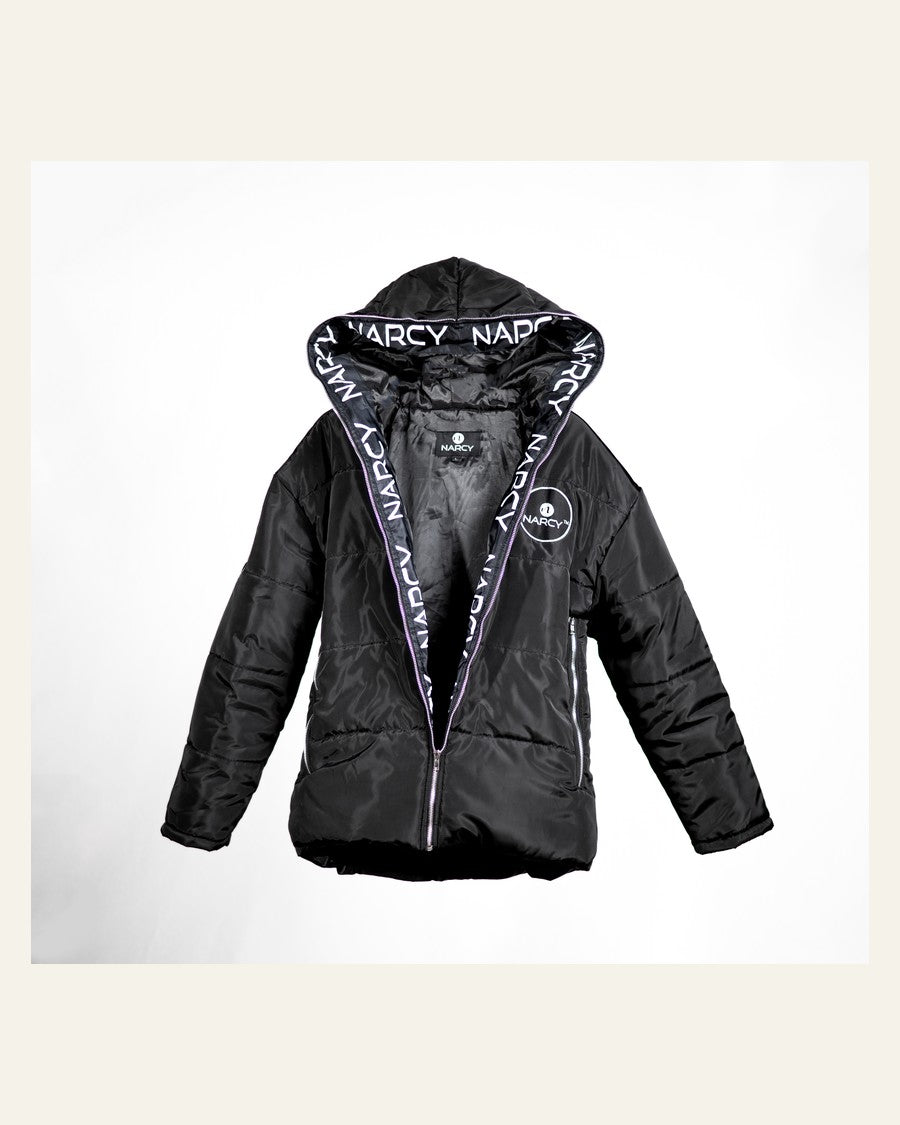 Front view of the black Narcy coat with branded chest patch and hood lining